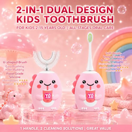 Kids U Shaped Electric Sonic Toothbrush - Pink, Rechargeable, 360° Full Mouth Clean