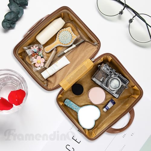 Framendino Beige Hard Shell Travel Makeup Case - Portable Cosmetic Suitcase