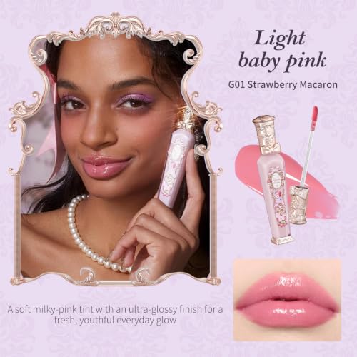 Flower Knows G01 Strawberry Macaron Glowy Lip Gloss, Light Baby Pink 0.12 Fl Oz