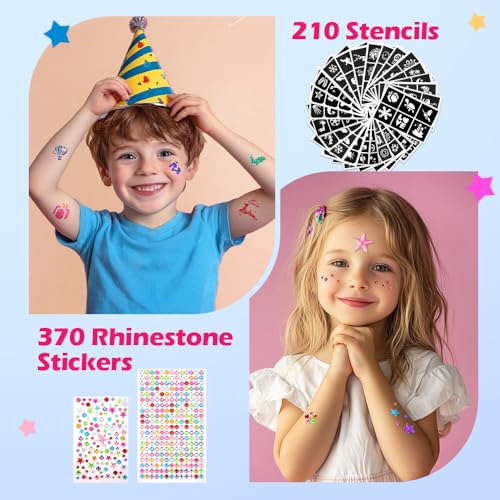 Kids Glitter Tattoo Kit - 42 Colors, 210 Templates, Glow & Diamond Stickers - Reusable & Waterproof