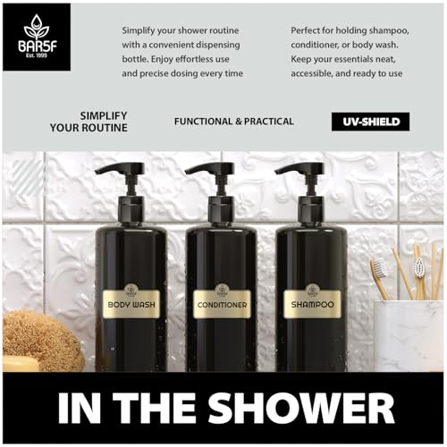 Bar5F 1-Liter BPA-Free Black Pump Bottles ? Refillable PET Plastic Dispensers for Shampoo, Conditioner & Body Wash with UV Shield Gloss Finish, Heavy-Duty 3-Pack