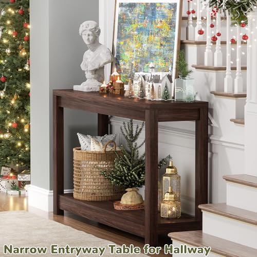 Besiost Farmhouse Narrow Console Table with Shelves - Black Walnut, 32" Entryway & Sofa Table