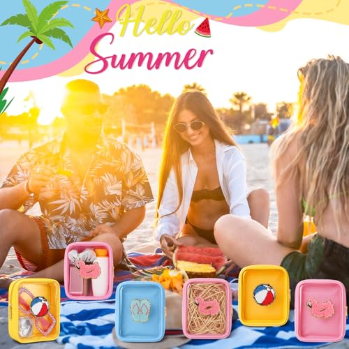 Summer Party Cosmetic Bags with Chenille Patches - Yellow Blue Pink / Cute - Waterproof & Travel Friendly