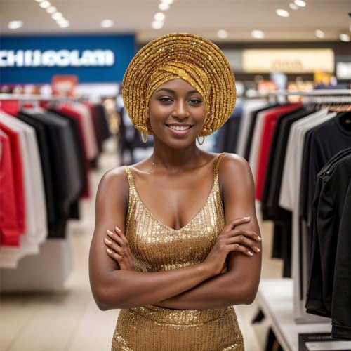 African Ladies Headscarf with Sequins and Shiny Auto Gele Head Tie - Gold Pack of 1