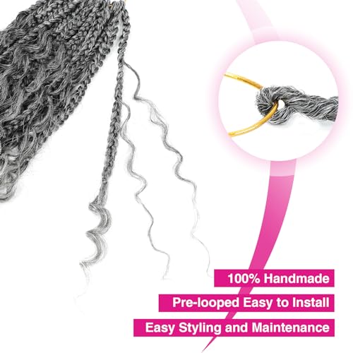 12 Inch Goddess Box Braids Crochet Hair Tgrey Pack of 8 - Pre-Looped Bohemian Box Braid Extensions