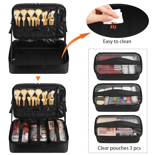 Extra Large Makeup Case, Professional Makeup Train Case for Makeup Artist Traveling Organizer, Double Layer XL Cosmetic Travel Case for Cosmetology with 3 Detachable compartments and 3 Makeup Bags