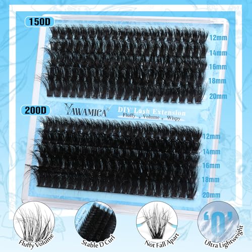 Yawamica Lash Extension Kit Fluffier 150D+200D Lash Clusters Eyelash Extension Kit 12-20mm Individual Lashes with Lash Bond, Lash Remover, Lash Tweezers for DIY Lashes Extension(150D+200D-12-20MM Kit)
