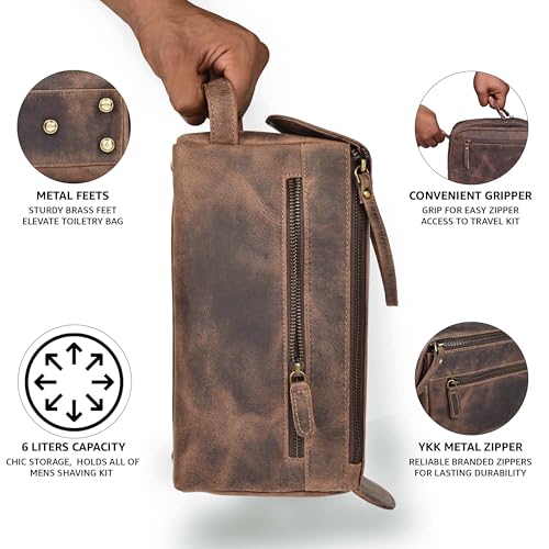 Leather & Latch Distressed Brown Full Grain Leather Toiletry Bag for Men & Women – Water-Resistant Travel Organizer with YKK Zipper