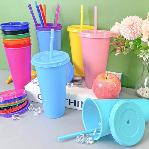 72 Pack Glitter Plastic Cups with Lids and Straws - 24 oz Reusable Coffee Cups for Parties
