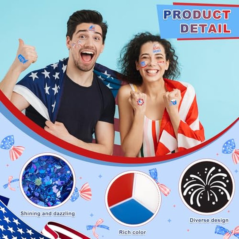 19 Pcs Red White Blue Face Paint Kit Patriotic Stripe Fan Brush Stick 3 Color Face Glitter Powder Stencil Stickers with Makeup Brush Independence Day Face Painting Kit for Memorial Day Party Favors
