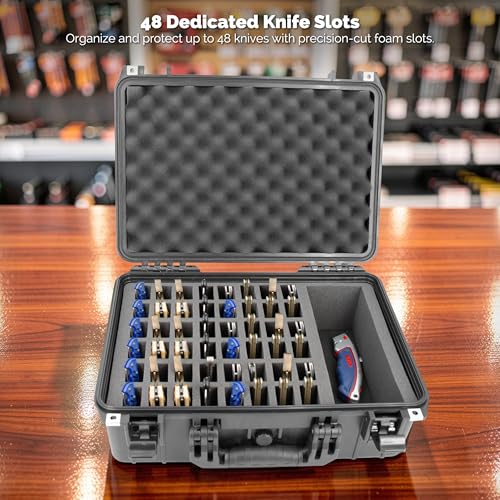 18-Inch Waterproof Lockable Knife Storage Case with 48 Slots & Accessory Compartment