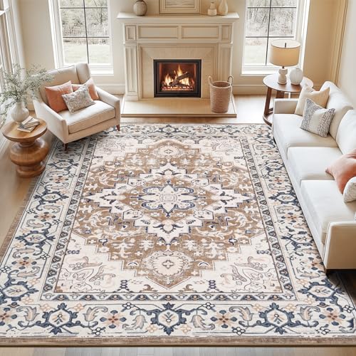 8x10 Area Rug for Living Room & Bedroom - Soft Boho Floral Carpet, Non-Slip Brown