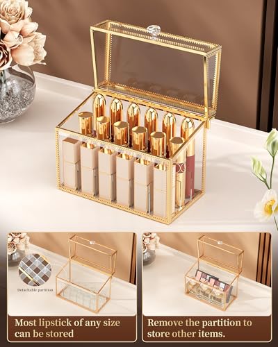 CoralHouse Glass Lipstick Organizer with Lid - Gold 18-Slot Vanity Storage