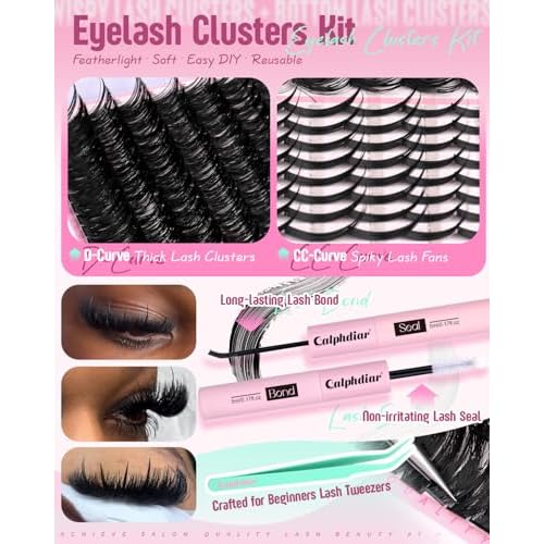 Spikes Eyelash Clusters Volume Lash Clusters Kit DIY Salon-Grade Lash Extensions Spiky Individual Lashes Extension Kit 12-21mm Cluster Eyelash Extensions Kit Manga Lashes Clusters with Bond and Seal