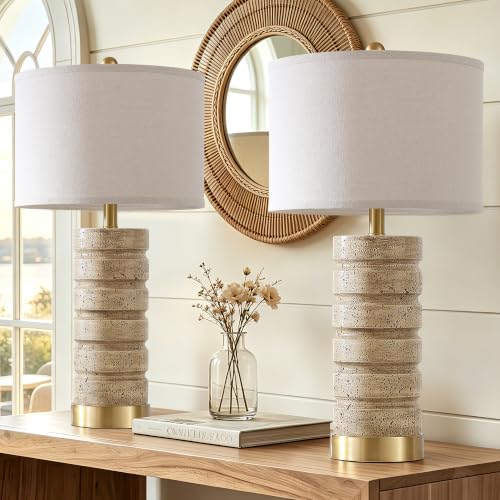 Travertine Resin Table Lamps Set of 2 - Warm Beige with Brass Bases