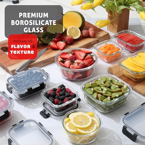 Black Glass Food Storage Containers Set - 24 Pack with Airtight Lids, Meal Prep & Freezer Safe