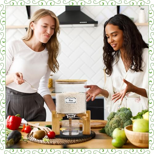 Glass and Bamboo Rice Dispenser 10 lbs with Airtight Seal & Labels