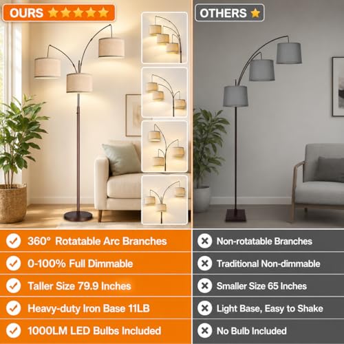 Dimmable Arc Floor Lamp with Beige Linen Shade - 3 Lights Tall Standing Lamp for Living Room Bedroom Office - Brown Beiged Variation