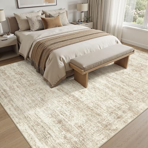 Beige Brown 8x10 Abstract Distressed Washable Area Rug for Living Room