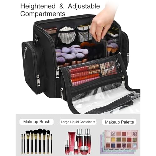Makeup Brush Bag, Makeup Artist Must Haves, Professional Travel Makeup Brush Case, Extra Large Stand Up Make Up Brush Holder Makeup Organizer, Full Open With Compartments and Shoulder Strap
