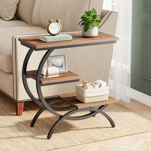 C-Shaped End Table - 3-Tier Rustic Brown Side Table for Living Room & Small Spaces - Set of 2 - Rustic Brown