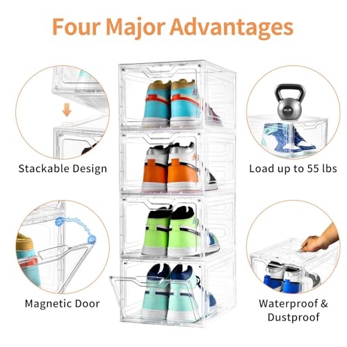 10 Pack Large Clear Plastic Shoe Boxes with Lids - Stackable Shoe Storage Organizer for Sneakers up to US Size 13 - Variation: Fit Size 13 / Clear