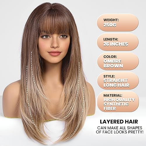 Ombre Light Brown Long Straight Wig with Bangs - Synthetic Cosplay & Daily Use, 26"