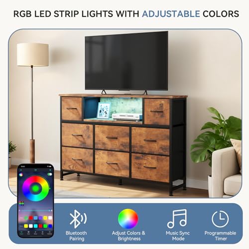 Brown LED TV Stand with Charging Station and 8 Fabric Drawers - 47.2 Inch