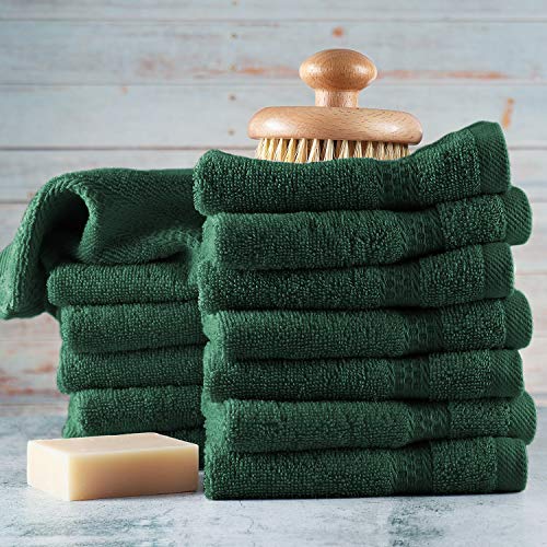 Hearth & Harbor Hunter Green Cotton Washcloths 12 Pack - Soft, Absorbent 13x13" Body & Face Towels