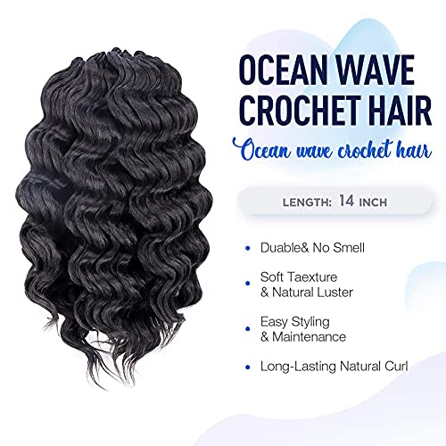 Ocean Wave Crochet Hair 14 Inch 8 Packs - Natural Black Deep Wave Synthetic Braiding Extensions - Variation of 1B / 14 Inch