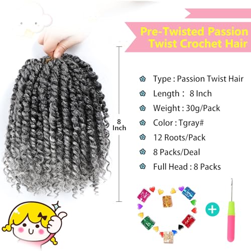 Fulcrum Passion Twist Crochet Hair 8 Inch - Tgray# - 8 Packs Prelooped for Black Women