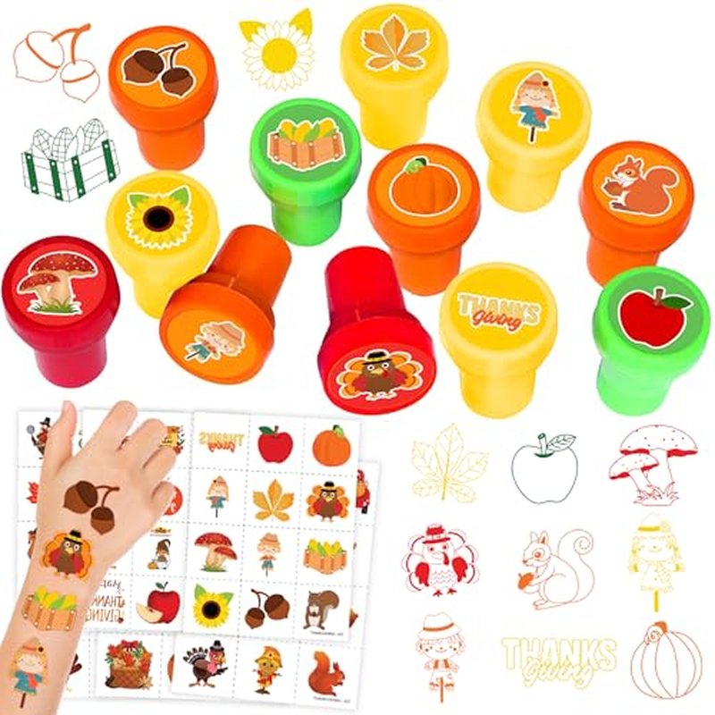 96PCS Thanksgiving Party Favors - 72PCS Pre-Cut Temporary Tattoos & 24PCS Stamps - Ideal Fall Harvest Pumpkin Autumn Themed Birthday Card Decorations Supplies Goodie Bag Baby Shower Kids Gifts Rewards