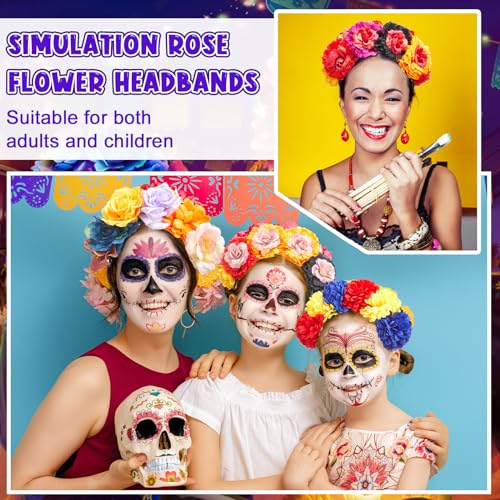 Zeyune Mexican Flower Headbands Set of 8 - Day of The Dead Crown Accessories, Classic Colors
