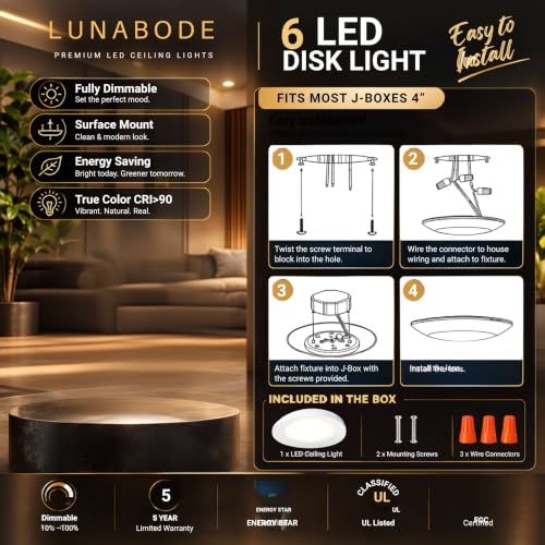 Lunabode 7.5 Inch Dimmable LED Disc Light Fixtures 5CCT White - 12 Pack