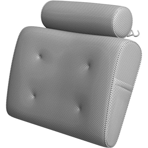 Everlasting Comfort Luxury Bath Pillows for Tub with Head and Neck Support - Non-Slip Bathtub Pillow with Suction Cups, Quick-Drying Mesh & Drying Hook - Jacuzzi & Spa Accessories for Women - Gray