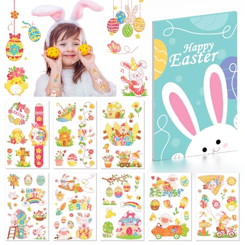 EMOME Easter Basket Essentials, 15 Sheets Easter Tattoos for Kids Bulk Tattoos Temporary for Easter Basket Stuffers Egg Fillers, Easter Decorations Party Favors Supplies Games for Boys Girls(Glitter)