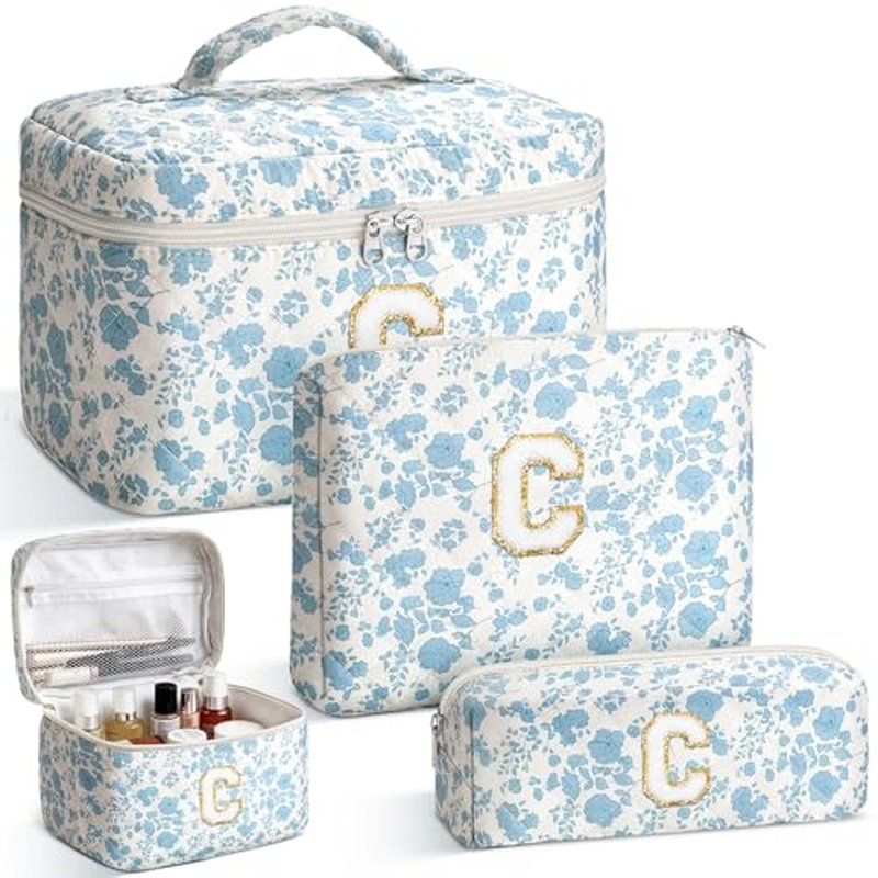 3PCS Personalized Initial Makeup Bag for Women, Birthday Gifts for Girl, Travel Toiletry Bag MakeupBag Quilted Cosmetic Bag Floral Cotton Make up Bags for Girls and Women Christmas Gift C