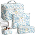 3PCS Personalized Initial Makeup Bag for Women, Birthday Gifts for Girl, Travel Toiletry Bag MakeupBag Quilted Cosmetic Bag Floral Cotton Make up Bags for Girls and Women Christmas Gift C