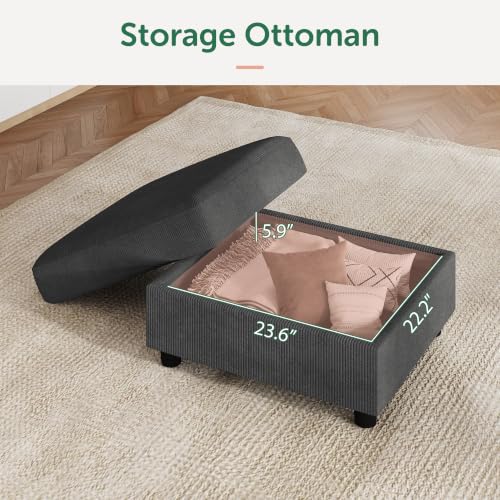 HONBAY Dark Grey Corduroy Ottoman with Storage, 27.6"D x 25.6"W x 17.7"H
