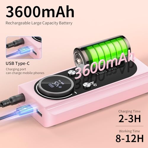 Electric Nail Drill Machine 45,000RPM - Professional Electric and Rechargeable Nail Drill with LCD Display, 6 Bits and 30 Sanding Bands, Low Heat Quiet E-File for Acrylic Gel Nails V9-3