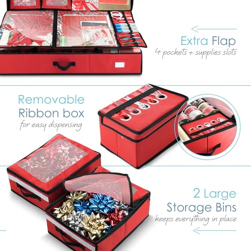 Extra Large Wrapping Paper Storage Container with Ribbon Dispenser and Wheels - Red, Fits 30 Rolls of 40"