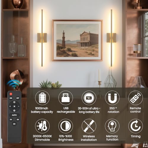 KELUOLY Brushed Bronze Battery Operated Wall Sconces Set of 2 - Rechargeable, Dimmable, 350° Rotatable, Remote Control, 3 Color Temps
