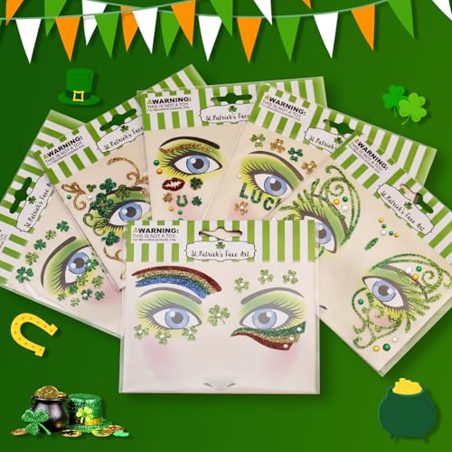 Yosca 6Pcs St Patricks Day Temporary Tattoos, Green Clover Face Stickers for St. Patrick's Day Glitter Makeup, Self Adhesive Shamrock Face Tattoos Art Sticker for Parade Irish Party Rave Accessories