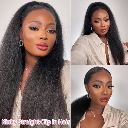 22 Inch Kinky Straight Clip-In Hair Extensions - Natural Black Brazilian Human Hair, Full Head 8pcs