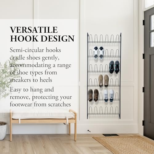 Black Wall Mounted Shoe Rack with 36 Hooks - 70 Inch, 6 Tier