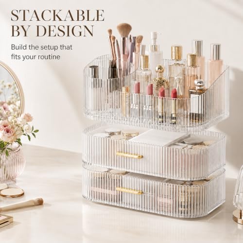 Large 360° Rotating Makeup Organizer with Drawer - Clear Acrylic Storage Display