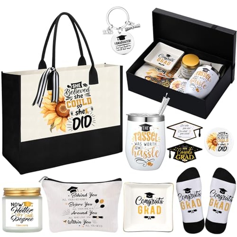 10 Pcs Graduation Gifts for Women Include Tote Bag Makeup Bag Tumbler Candle Ring Tray Keychain and Socks Congratulations Graduation Gifts for 2026 Graduates(Classic,Black)