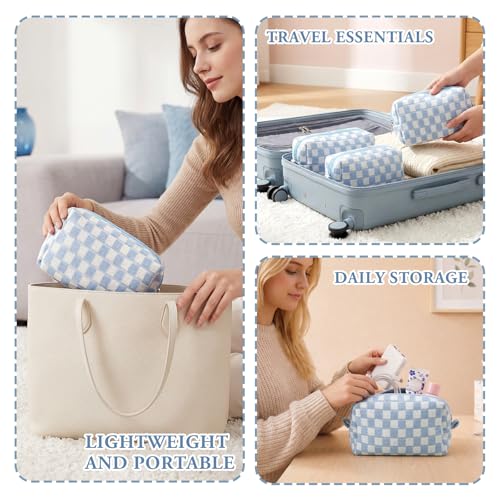 8 Pcs Checkered Makeup Bags Set - Small Cosmetic Pouch for Travel and Storage, Blue