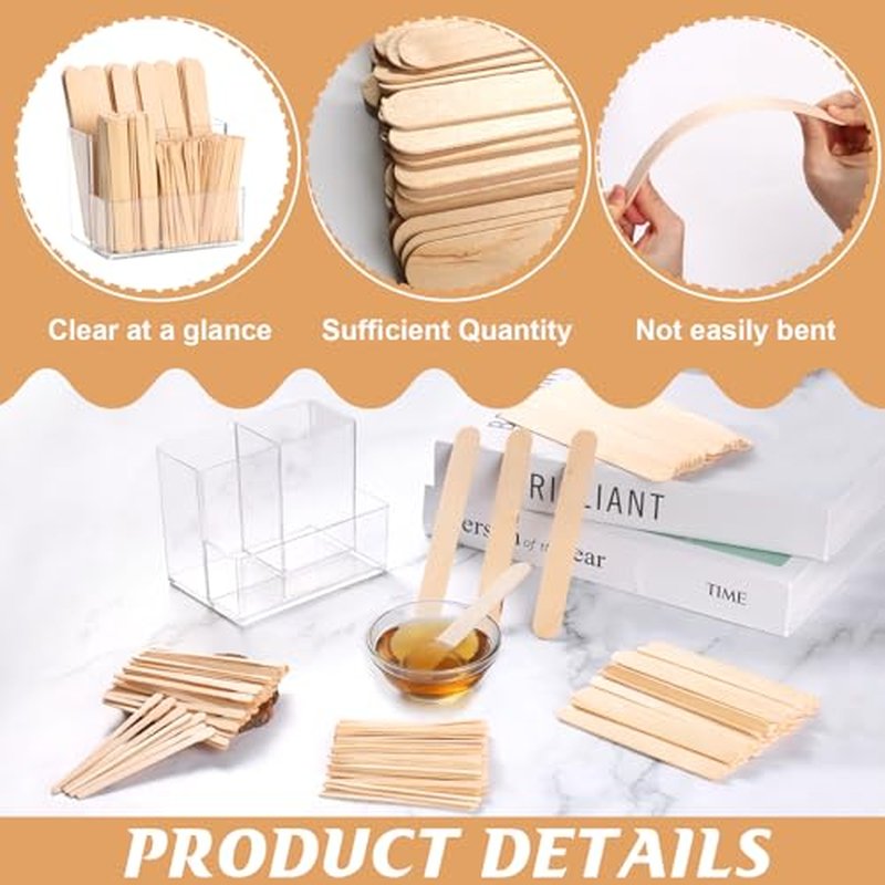 300 PCS 4 Style Waxing Sticks Wooden with Acrylic Organizer Assorted Wax Applicator Sticks Small Medium Large Popsicle Sticks Bulk Craft Sticks Jumbo for Body Legs Face WoodCraft Tongue Depressor
