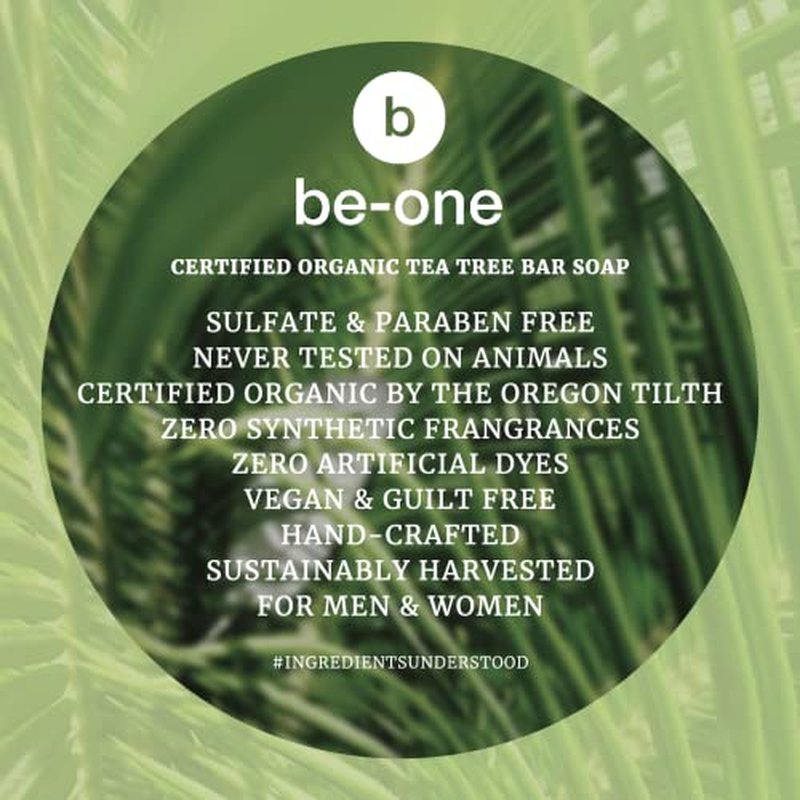 Certified Organic Tea Tree Bar Soap by Be-One - 2-Pack - 3.75 oz Bars - Vegan - Paraben & Sulfate Free - Sensitive Skin - Jock Itch - Acne - Eczema - All Natural - For Men & Women - MADE IN USA